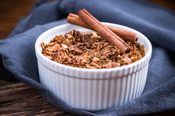 Baked apple pie with oats in pot