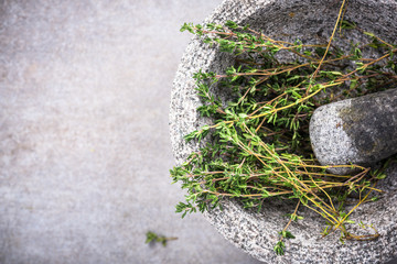 Fresh organic thyme in concrete pestle or mortar