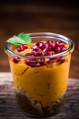 Carrot pudding on wooden board, healthy eating