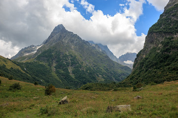 Fototapeta premium Closeup view mountains scenes in national park Dombai, Caucasus, Russia, Europe