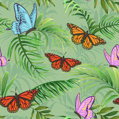 Butterflies and palm branches. Seamless pattern