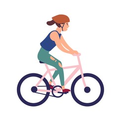 Fototapeta premium Happy young woman in helmet riding bike. Smiling female character on bicycle isolated on white background. Bicyclist taking part in sports race. Colorful vector illustration in flat cartoon style.