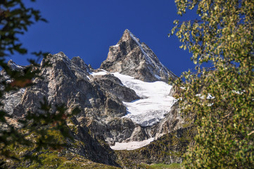Closeup mountains scenes in national park Dombai, Caucasus, Russia