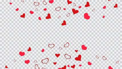 Design element for wallpaper, textiles, packaging, printing, holiday invitation for birthday. Red hearts of confetti are flying. Red on Transparent background Vector. Festive background.
