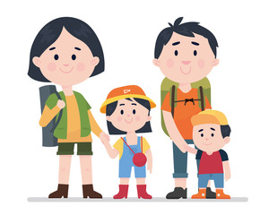 a family, mother, father and two their children traveling or having vacation together - Vector