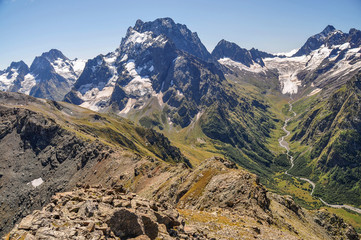 Closeup mountains scenes in national park Dombai, Caucasus, Russia