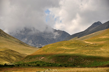 Closeup mountains scenes in national park Dombai, Caucasus, Russia