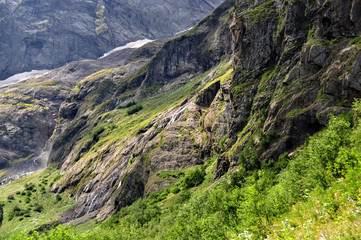 Closeup mountains scenes in national park Dombai, Caucasus, Russia