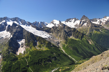 Closeup mountains scenes in national park Dombai, Caucasus, Russia