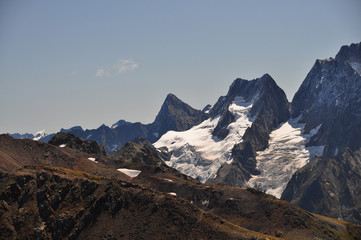 Closeup mountains scenes in national park Dombai, Caucasus, Russia