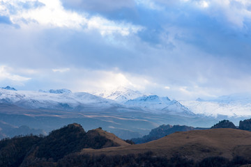 mountains in clouds. the cloud between the peaks of the mountains. Caucasian mountain area. panoramic view