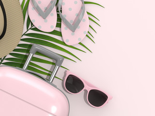 3d render of vacation stuff over pastel pink background