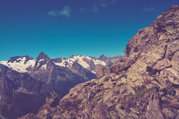 Closeup mountains scenes in national park Dombai, Caucasus, Russia