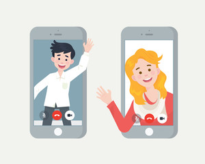 two peoples say hi when they are on video calls, video call makes you closer to people who talk to you - Vector