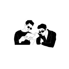 Hand drawn people in a cafe, people with coffee, people with tea, fashionable young woman, girl with a book, vector illustration&ndash; stock illustration