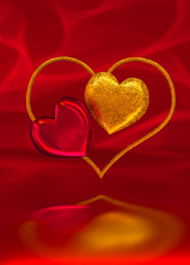 3d rendering. Composition figure volumetric brilliant heart, red, gold, Valentine's Day or wedding day romantic themes for party, events.