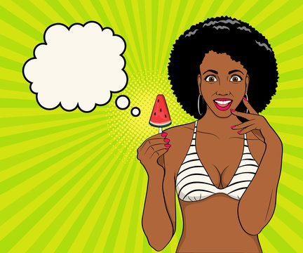 Smiling beautiful African American in a bikini holds ice cream in her hand. Bright ray comic background. Vector illustration in pop art style