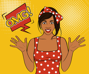 Wow pop art face. Sexy surprised young African woman with open mouth and omg speech bubble. Vector colorful background in pop art retro comic style. - obrazy, fototapety, plakaty