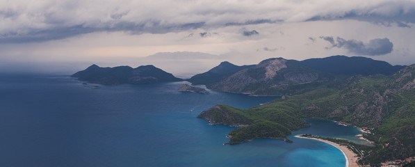 Aerial panorama of Blue Lagoon in Oludeniz, Turkey