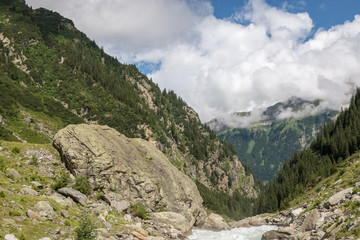 View closeup river scenes in mountains, national park Switzerland