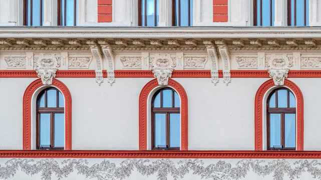 Detail of the renovated facade of Transylvania Hotel, Oradea, Romania
