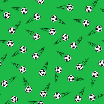Seamless texture. Repeating image of soccer balls with action lines on a plain green background. Vector illustration in comic style