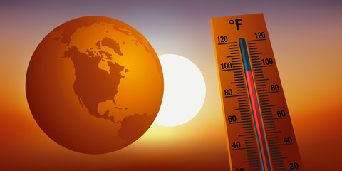 Concept du réchauffement climatique et de la destruction de l’environnement avec comme symbole, un thermomètre montrant l’augmentation de la température.