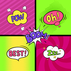 Set of bright comic speech bubbles. Zzz, Best, Pow, Boom, Oh! Different pop art backgrounds. Rays, dots and halftones. Vector illustration