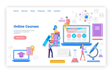 Online courses people learning subjects in internet vector. Students with certificate, busy reading and reviewing material for exams. Microscope and book. Website webpage template landing page in flat