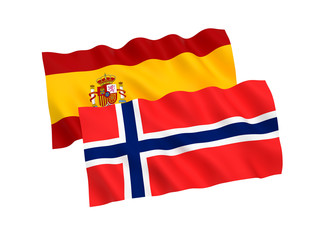 National fabric flags of Norway and Spain isolated on white background. 3d rendering illustration. 1 to 2 proportion.