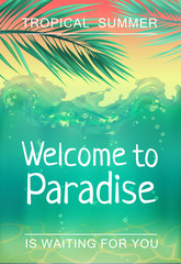 Fototapeta na wymiar Summer backgrounds with ocean, palms, sky and sunset. Travel placard poster flyer invitation card. Summertime, tropical paradise.