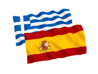 National fabric flags of Greece and Spain isolated on white background. 3d rendering illustration. 1 to 2 proportion.