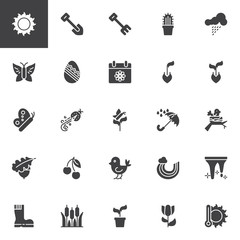 Spring season vector icons set, modern solid symbol collection, filled style pictogram pack. Signs, logo illustration. Set includes icons as Sun, Shovel, Rake, Butterfly, Easter Egg, Sprout seedling