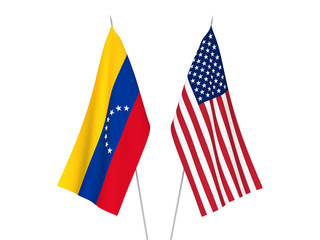 National fabric flags of America and Venezuela isolated on white background. 3d rendering illustration.