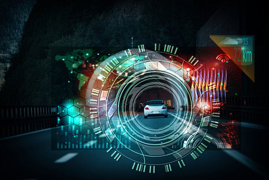 car driving through tunnel; highway tunnel at night.car HUD dashboard. Futuristic user interface HUD and Infographic elements. Abstract virtual graphic touch user interface.