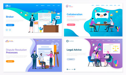 Broker and collaboration, dispute resolution processes and legal advice vector. Lawyer and judicial workers, graphics and laws on presentation board. Website or webpage template, landing page in flat