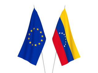 National fabric flags of European Union and Venezuela isolated on white background. 3d rendering illustration.