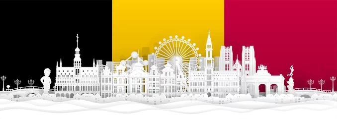 Fotobehang Belgium flag and famous landmarks in paper cut style vector illustration.  © ChonnieArtwork 