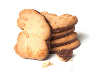 closeup of easter chocolate biscuits in shaped rabbits on white background