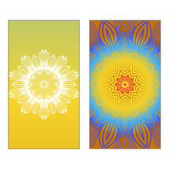 Yoga Card Template With Mandala Pattern. Vector illustration. Blue, yellow, white color. For Visit Card, Business, Greeting Card Invitation. Islam, Arabic, Indian, Mexican Ottoman Motifs.