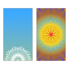 Yoga Card Template With Mandala Pattern. Vector illustration. Blue, yellow, white color. For Visit Card, Business, Greeting Card Invitation. Islam, Arabic, Indian, Mexican Ottoman Motifs.