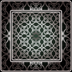 Obraz premium Background, Geometric Pattern With Ornate Lace Frame. Illustration. For Scarf Print, Fabric, Covers, Scrapbooking, Bandana, Pareo, Shawl. Silver. dark grey, green color color