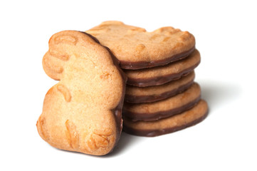closeup of easter chocolate biscuits in shaped rabbits on white background