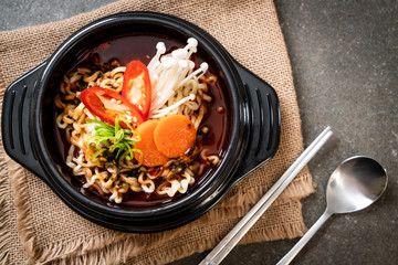 korean instant noodles in black bowl