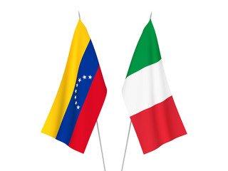 National fabric flags of Italy and Venezuela isolated on white background. 3d rendering illustration.