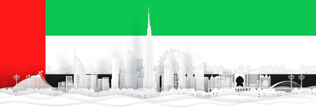 Dubai flag and famous landmarks in paper cut style vector illustration. 