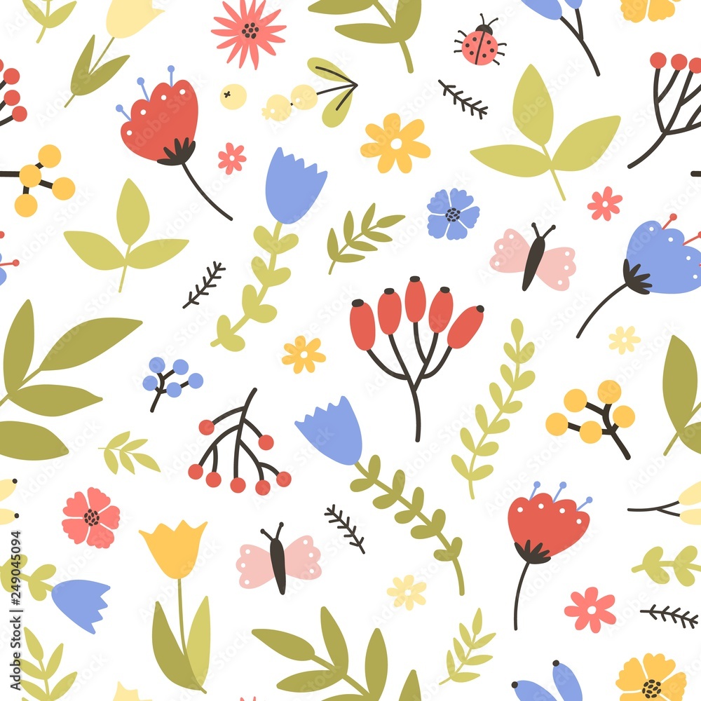 Poster spring seamless pattern with blooming plants on white background