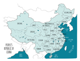 Fototapeta premium Blue vector map of the People's Republic of China.
