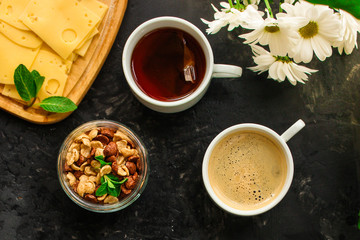 breakfast or snack (coffee, yogurt, cheese, sandwiches, cornflakes and more). Food background