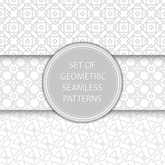 Compilation of geometric seamless patterns. Gray and white mixed shapes backgrounds